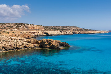 Blue lagoon on Cyprus near city Ayia Napa with azure water. Nature, vacation background
