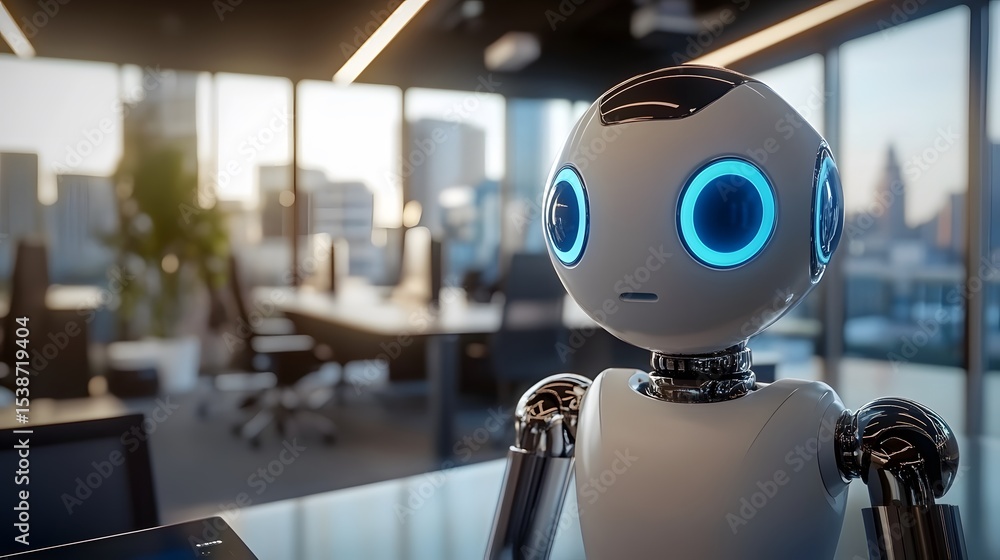 Poster robotic vision in the modern workplace: an ai-powered robot, with illuminated eyes, surveys a contem