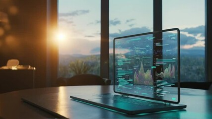 A sleek laptop sits open on a dark wooden table in front of a large window, displaying vibrant data visualizations and code on its screen against a breathtaking sunset backdrop. - Powered by Adobe