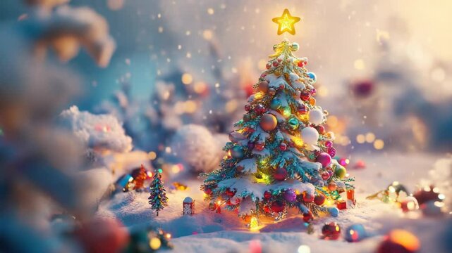 A small Christmas tree standing tall in the snow with a shining star on top, perfect for winter scenes or holiday decorations