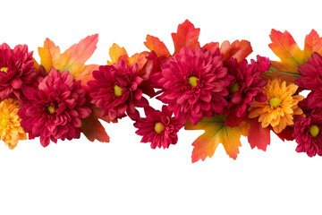 vibrant arrangement of colorful autumnal flowers and leaves isolated on white background
