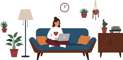 Cozy home entertainment: Young woman comfortably streaming movies or working on her laptop, embracing remote leisure and productivity in a modern, relaxing living space.

 flat vector illustration