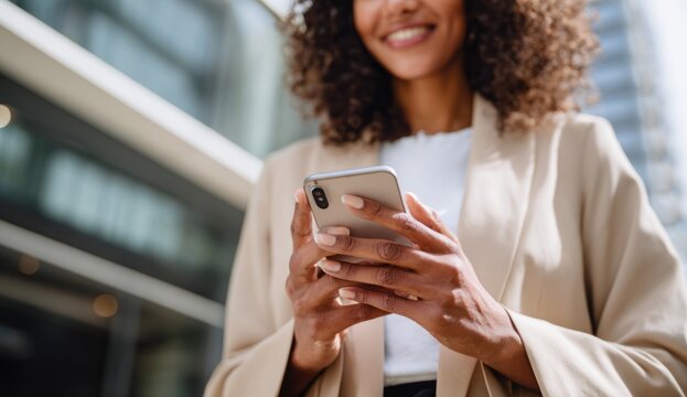 A woman smiles looking at her silver phone in front of a glassfaced building
