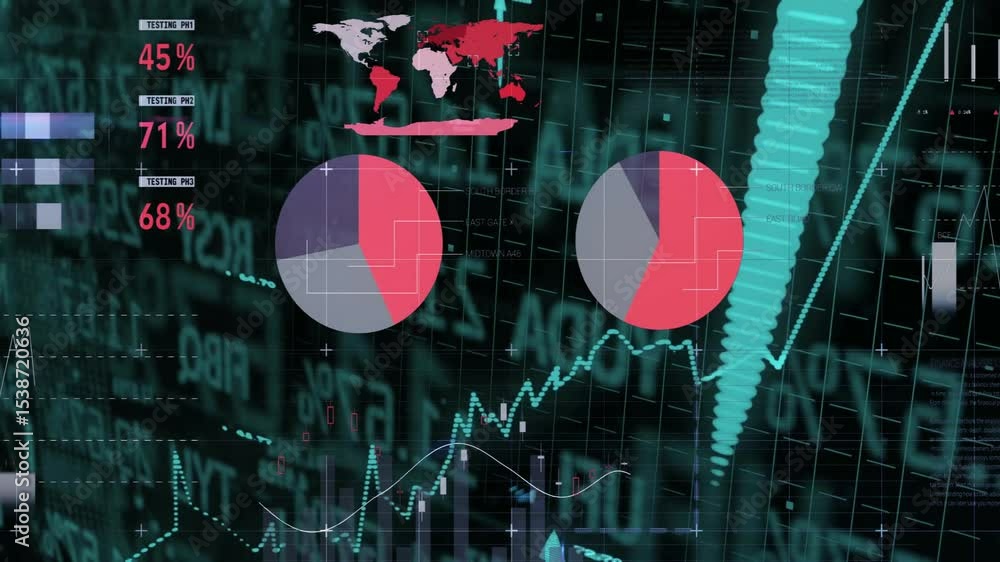 Poster teal grid code scrolling starting interface loading, fading charts pulsing to visualize market data