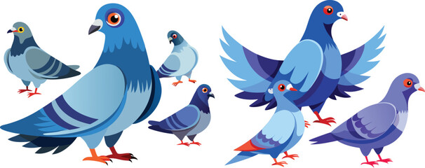 Illustration of various stylized pigeons in different poses and orientations. 