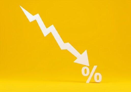 Falling percentage rate shown by arrow on yellow