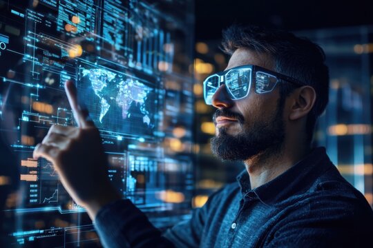 A man wearing glasses interacts with a futuristic digital interface displaying data and a world map in a high-tech environment.