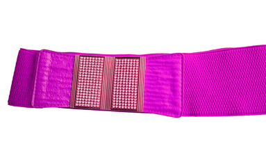 Lilac fashionable women's knitted elastic band belt with metal buckle with rhinestones, isolated on a white background