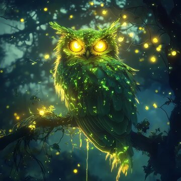 Bioluminescent Owl with Mossy Feathers in Glowing Forest &ndash; Botanical Fantasy Hybrid