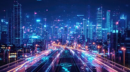 Fototapeta premium Urban Cityscape at Night with Neon Lights and Digital Effects in Futuristic Setting