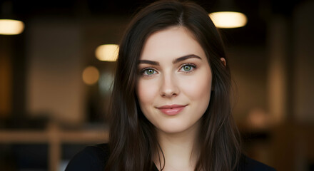 Beautiful young woman with green eyes and long brown hair smiling gently at the camera