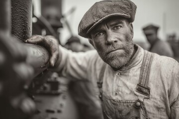 An industrial worker in oil-stained overalls and cap beside a steam-powered winch Black and white