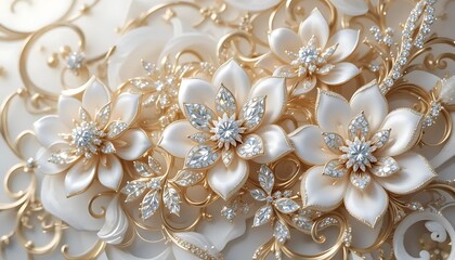 Elegant white flowers with gold accents and crystal embellishments in luxurious 3D style. Perfect for wedding decor, luxury branding, or background designs.