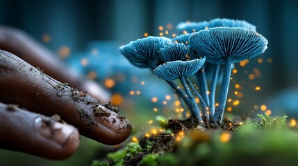 Glowing crystal mushrooms emerge from luminous footprints on vibrant mossy ground