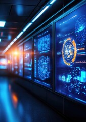 A futuristic control room with digital screens displaying data, graphs, and circular interface elements in vibrant blue and orange hues.