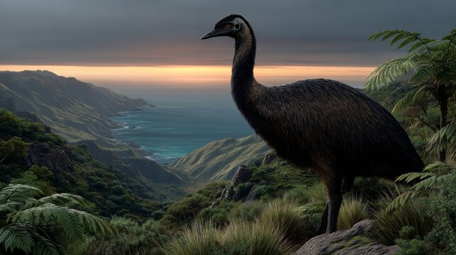 A majestic 12-foot tall moa bird standing on a hillside overlooking the stunning New Zealand coastline during golden hour