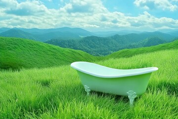 A bathtub is sitting in a grassy field with mountains in the background