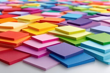 A stack of colorful sticky notes in various shades of pink, purple, blue