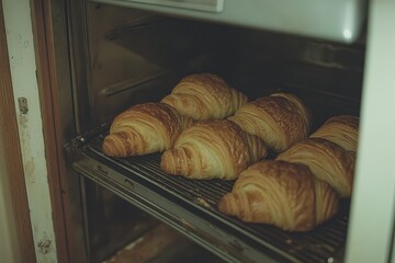 A row of croissants are baking in an oven