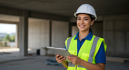 Fototapeta premium Confident Female Engineer Using Tablet on Construction Site Happy Smiling Successful Architect Woman