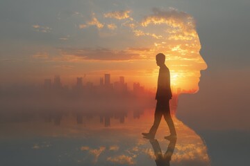 A man walks in front of a city skyline at sunset