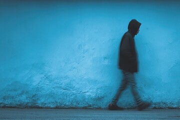 A man walks down a street with a blue wall behind him
