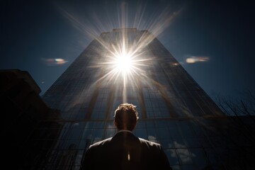 A man is standing in front of a tall building, looking up at the sun