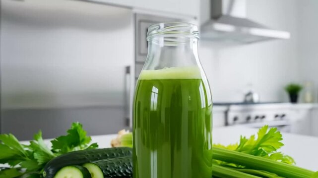 Fresh green vegetable juice with celery cucumber in modern kitchen setting