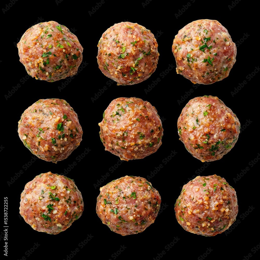 Poster raw pork meatballs with seasoning and breadcrumbs arranged grid pattern, showcasing their texture an