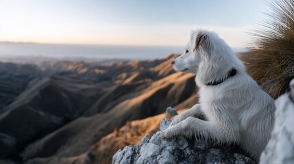 Dog atop a mountain, enjoying scenic view
