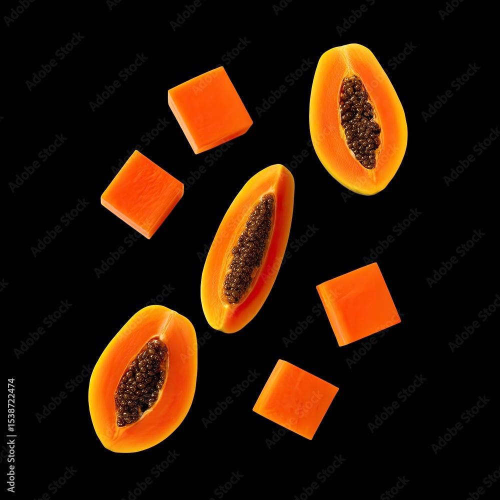 Poster fresh papaya slices and cubes arranged artistically on black background, showcasing vibrant orange c