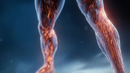 Medical animation revealing intricate muscle fiber network glowing during intense physical activity, exposing painful knee injury mechanisms with detailed anatomical visualization - Powered by Adobe