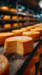 Cheese wheels arranged neatly on shelves in a well-lit cheese aging room showcasing the art of cheese making