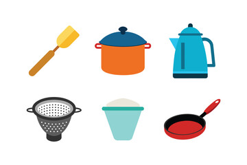 Vector art of various kitchen utensils including a pot pan spatula colander kettle and measuring cup isolated on white background
