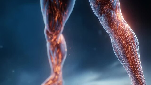 Medical animation revealing intricate muscle fiber network glowing during intense physical activity, exposing painful knee injury mechanisms with detailed anatomical visualization