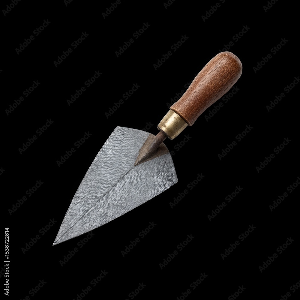 Poster single pointing trowel with narrow triangular blade, featuring wooden handle and brass ferrule, idea