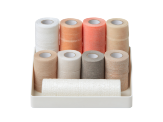 White plastic medical tray with bandages, gauze and dressings isolated on a transparent background