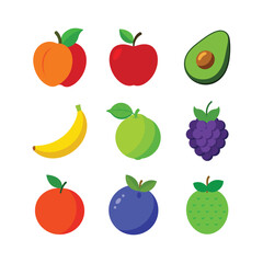 Vector art of assortment of colorful fruits including apples peaches avocados bananas guavas blackberries oranges blueberries and limes isolated on white background