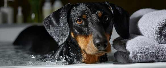Dog enjoying a bath with towels nearby