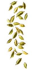 Green cardamom pods cascading