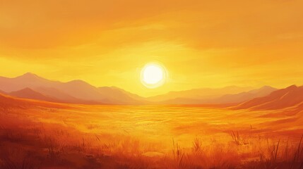 Serene Sunset Over Vast Desert Landscape with Warm Golden Hues and Gentle Mountains in the Background