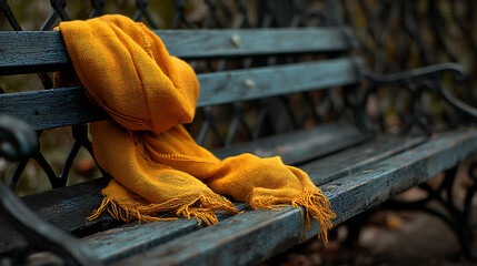 Yellow Scarf on a Blue Metal Park Bench on a Cold Autumn Day