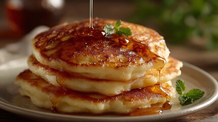 Pancakes are getting maple syrup drizzled on them