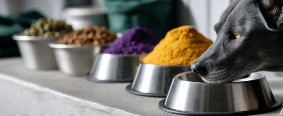 Dog food bowls with various dry kibble and supplements