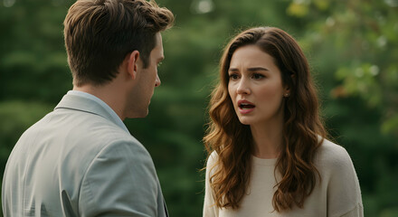 Young couple having serious conversation outdoors summer romance relationship problems dispute disagreement love quarrel conflict emotion expression