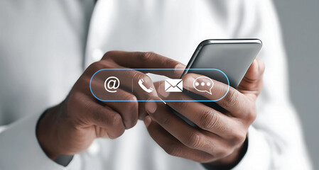 Businessman access contact us by smartphone, Customer support hotline people conne