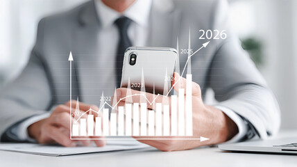 Businessman analyzing growth graph data on smartphone with future forecast.