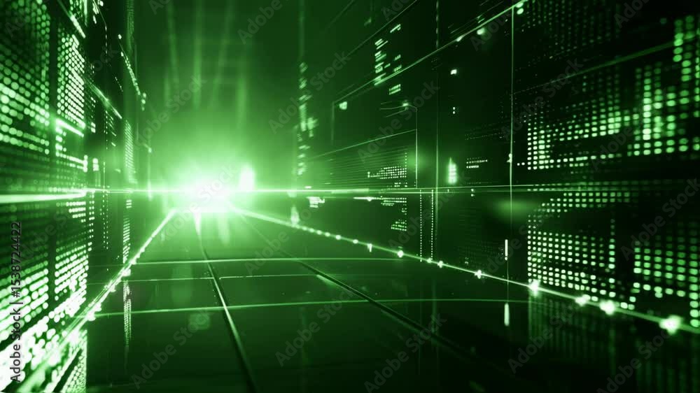 Poster in a vibrant futuristic digital landscape, dynamic green lights and intricate grids create an abstra