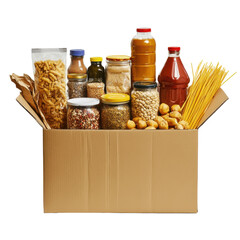 An assortment of pantry staples in a cardboard box, including pasta, sauces, and snacks, perfect for meal preparation and storage. on transparent background