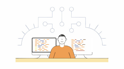 Programmer Working on Dual Monitors with Network Diagram